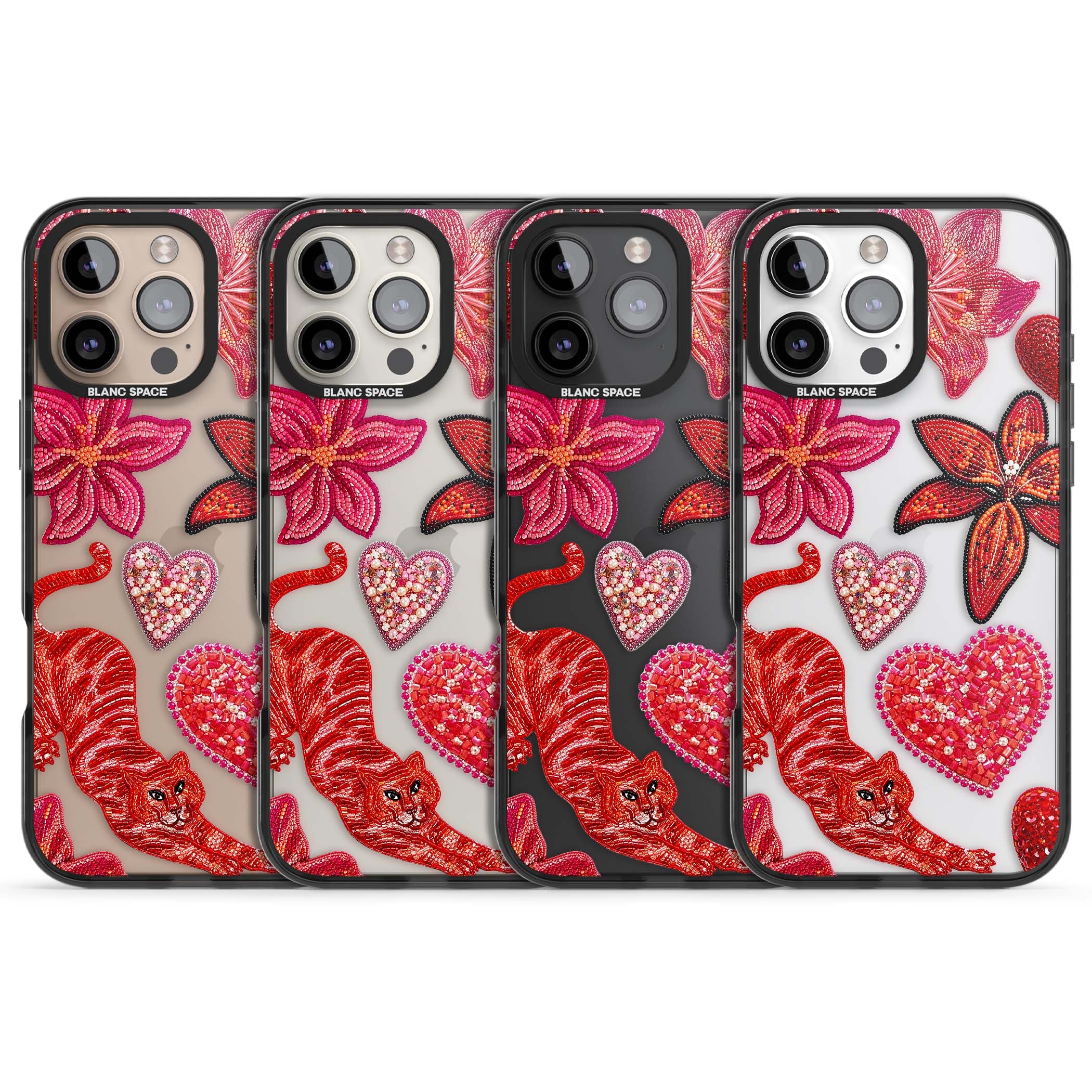 Beaded Boho floral iPhone case featuring beaded red lilies, a stitched tiger, and pearl-encrusted hearts on clear | Black Impact case for iPhone 16 Pro, iPhone 16 Pro Max