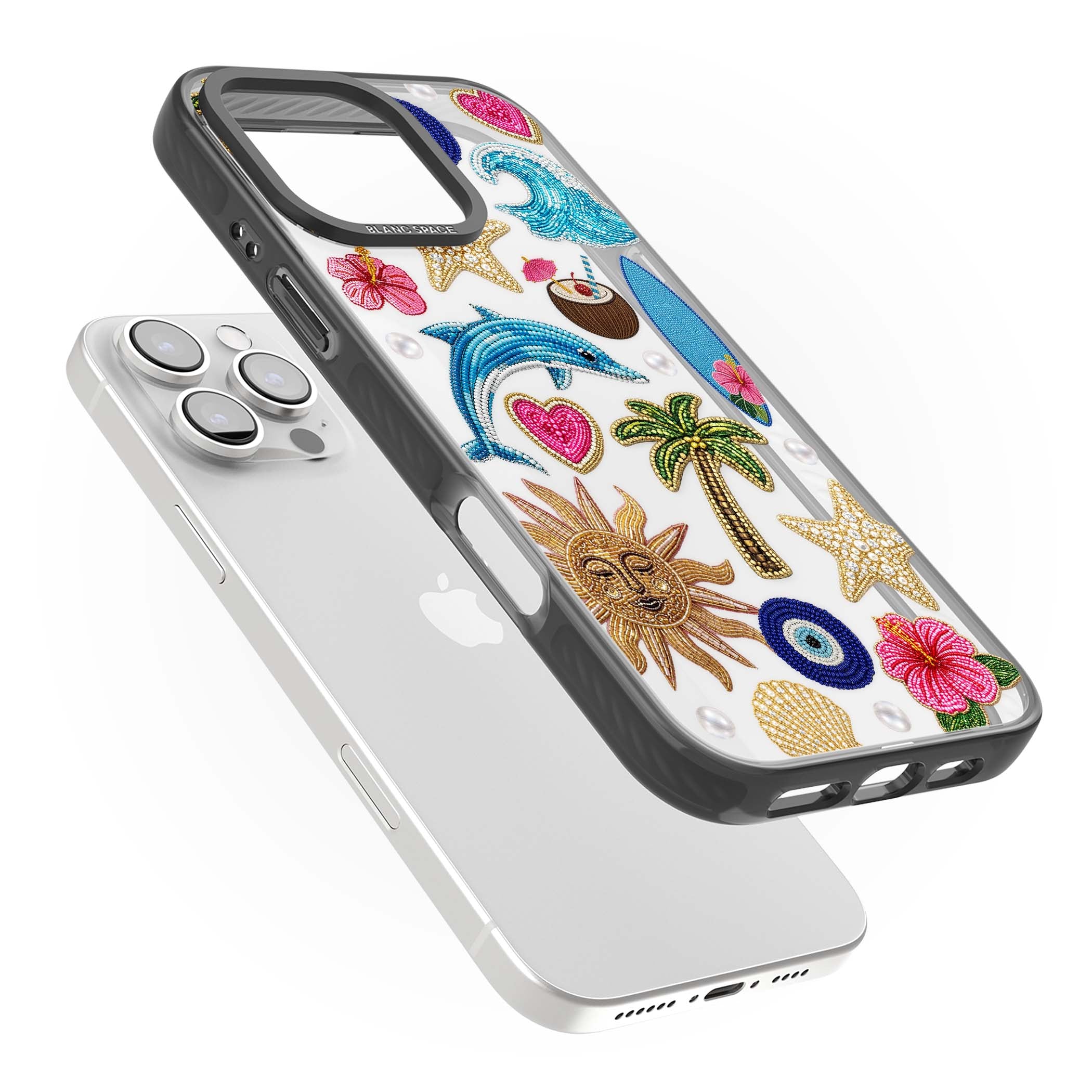 Beaded Beach coastal summer iPhone case featuring embroidered evil eye, hibiscus flowers, dolphin and palm tree patches | Black Impact case for iPhone 16 Pro, iPhone 16 Pro Max