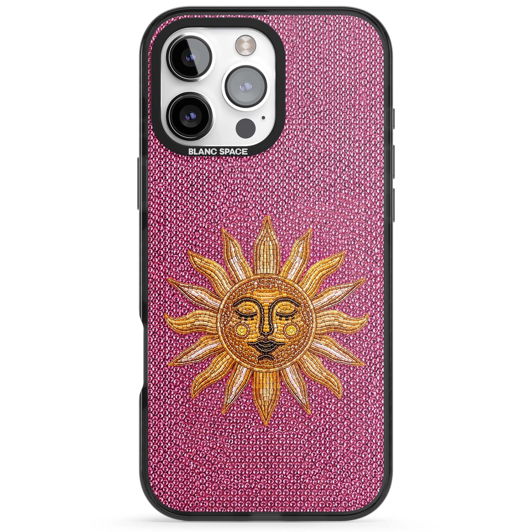 Beaded Sun celestial iPhone case featuring a golden beaded sun face with radiant rays on hot pink beaded background | Black Impact case for iPhone 16 Pro, iPhone 16 Pro Max