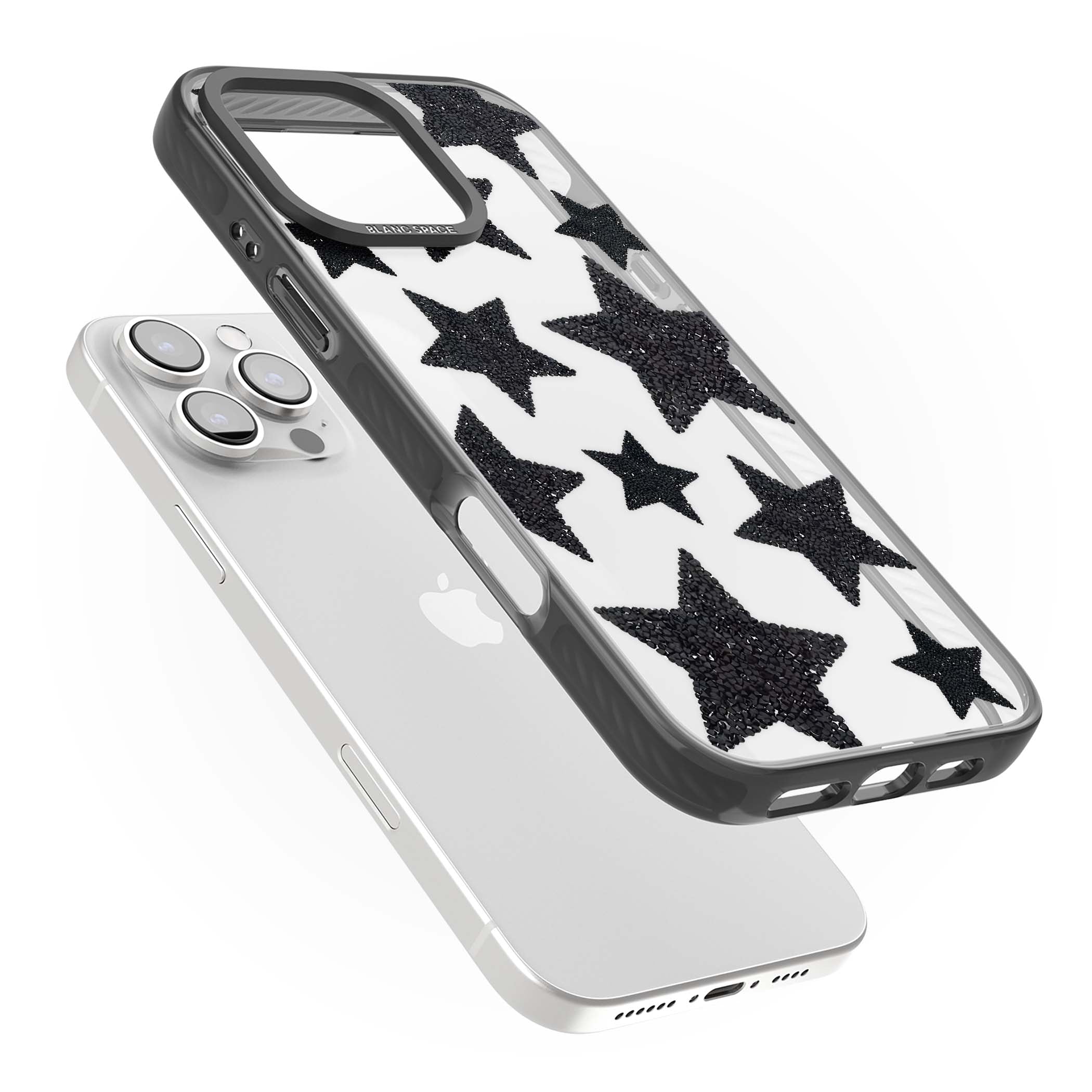 Beaded Black Stars celestial iPhone case featuring black glitter beaded stars scattered on a clear background | Black Impact case for iPhone 16 Pro, iPhone 16 Pro Max