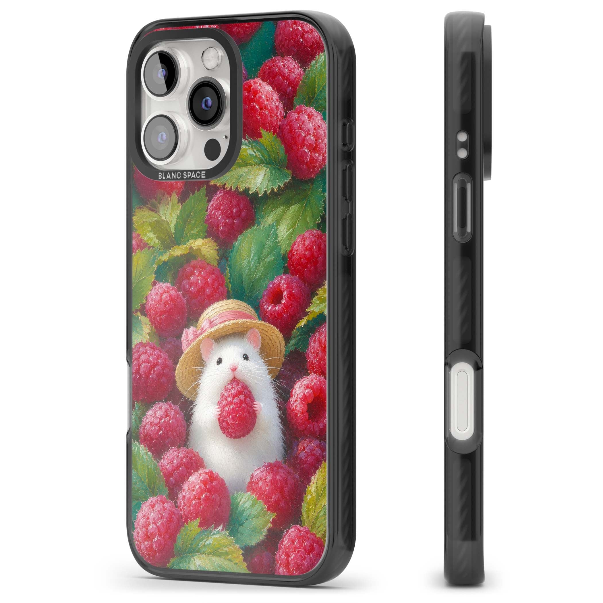 Berry Forager cottagecore iPhone case featuring a white hamster in a straw hat holding a raspberry surrounded by ripe ber | Black Impact case for iPhone 16 Pro, iPhone 16 Pro Max