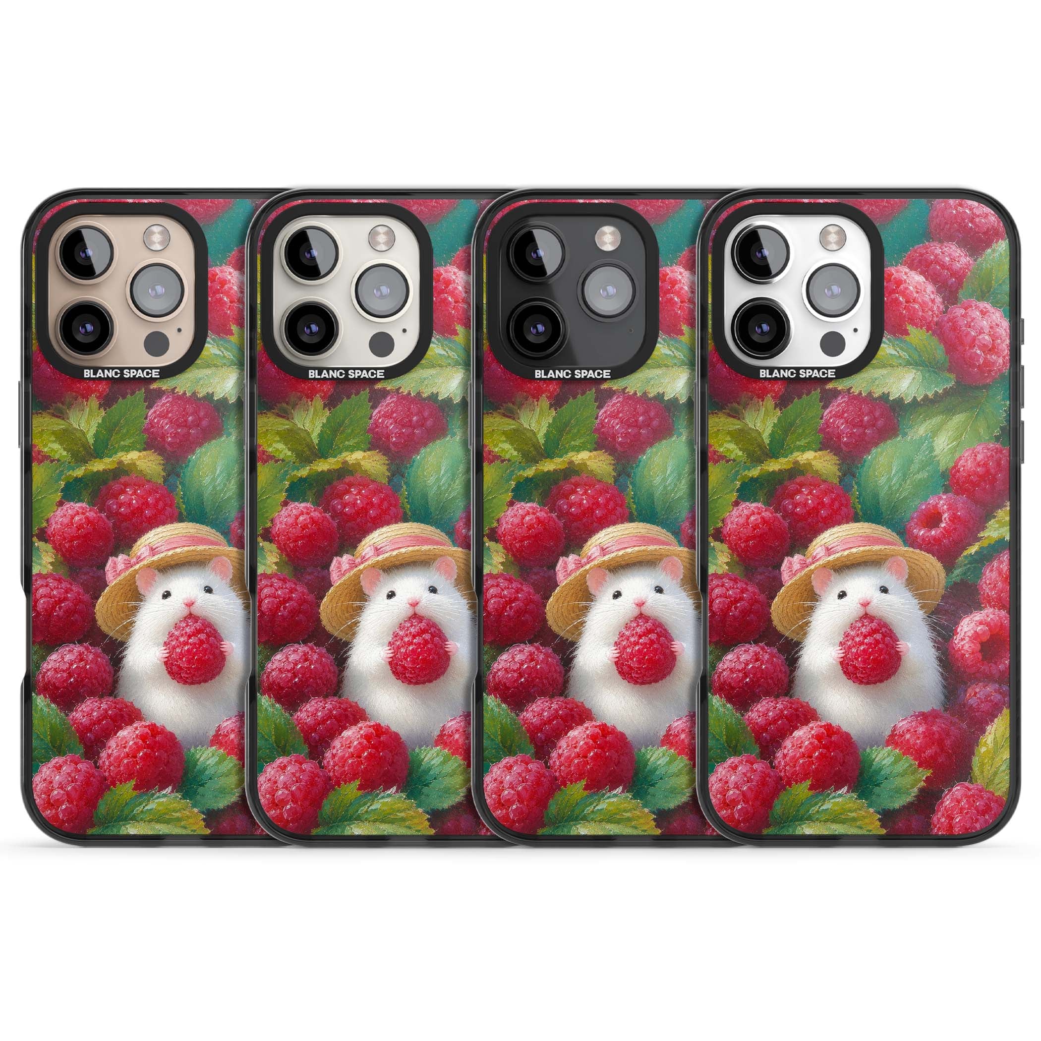 Berry Forager cottagecore iPhone case featuring a white hamster in a straw hat holding a raspberry surrounded by ripe ber | Black Impact case for iPhone 16 Pro, iPhone 16 Pro Max