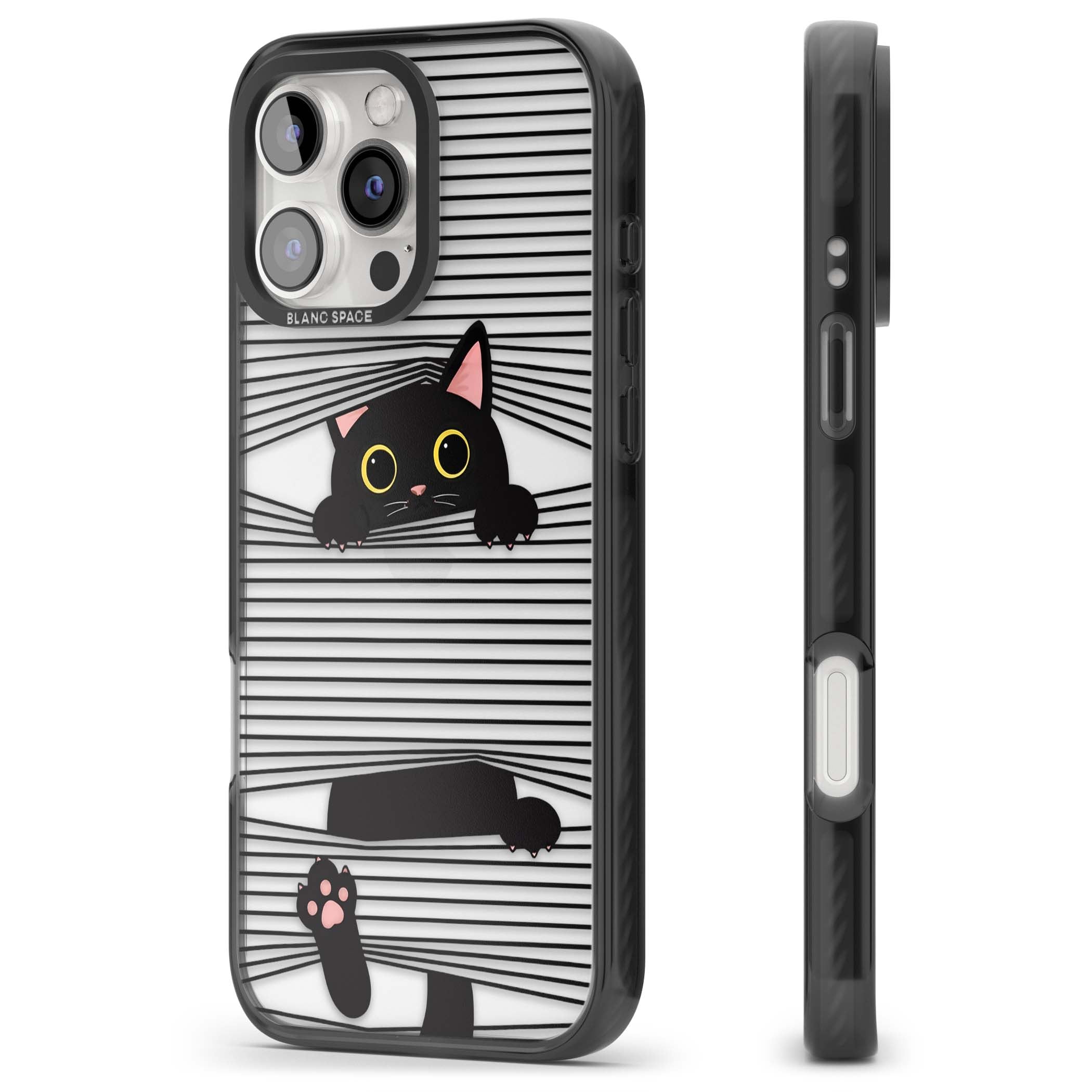 Peek-a-Boo Cat minimal iPhone case featuring black cat peeking through horizontal black and white stripes | Black Impact case for iPhone 16 Pro, iPhone 16 Pro Max