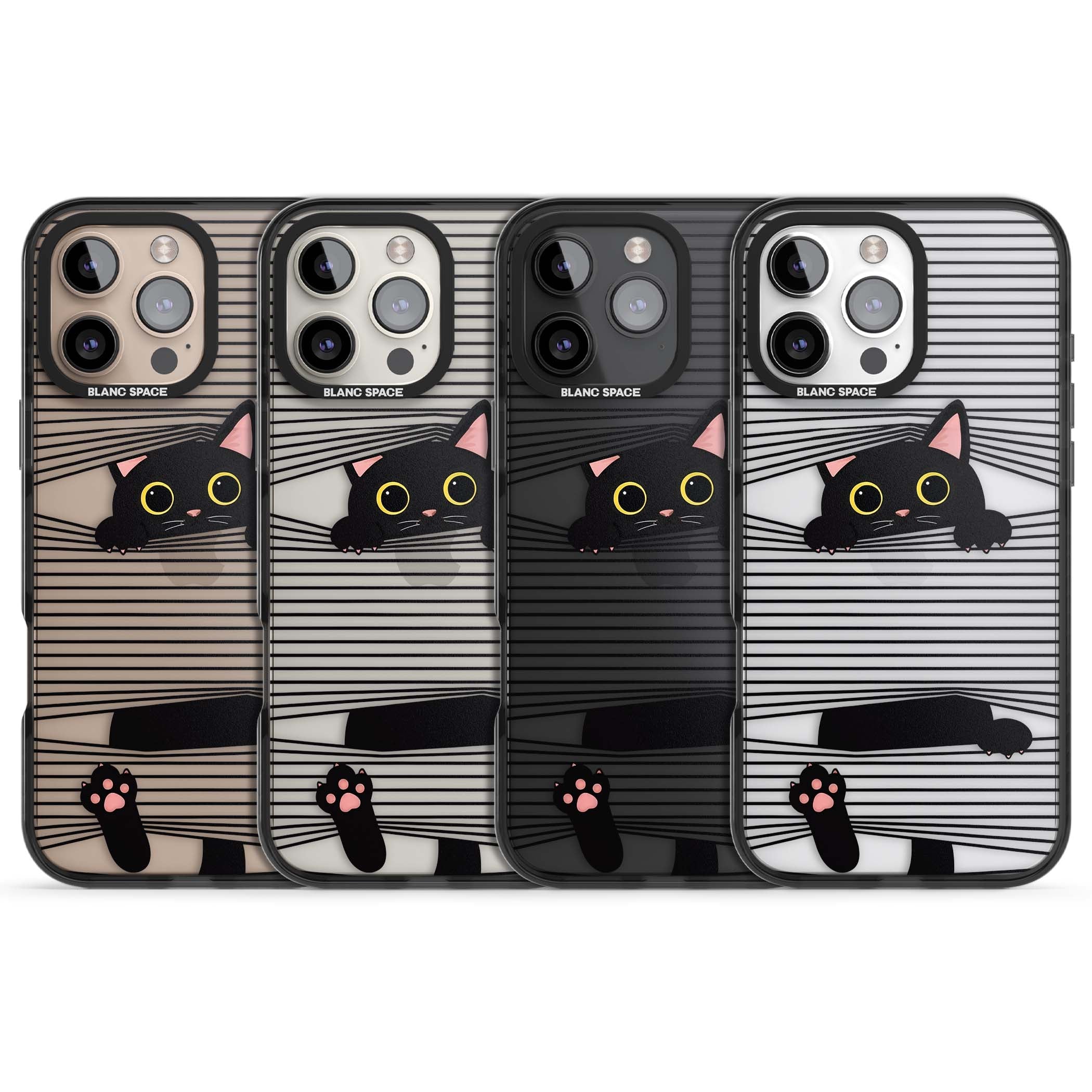 Peek-a-Boo Cat minimal iPhone case featuring black cat peeking through horizontal black and white stripes | Black Impact case for iPhone 16 Pro, iPhone 16 Pro Max