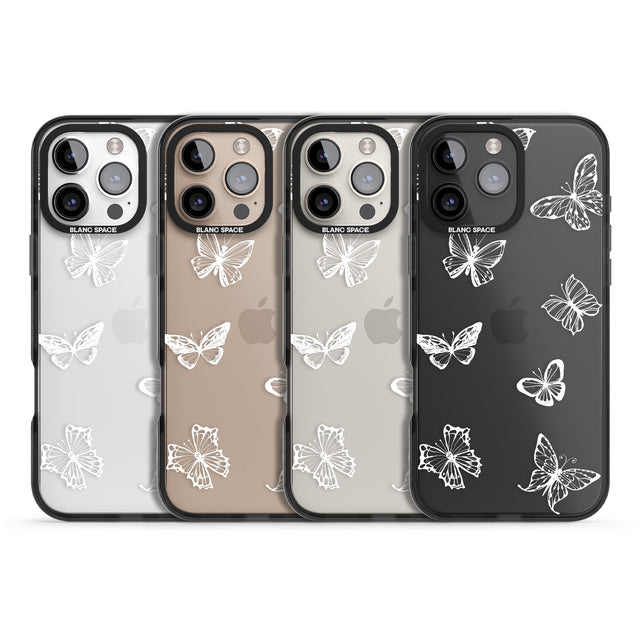 iPhone 16 Pro Max White Butterfly Line Pattern Black Impact Phone Case