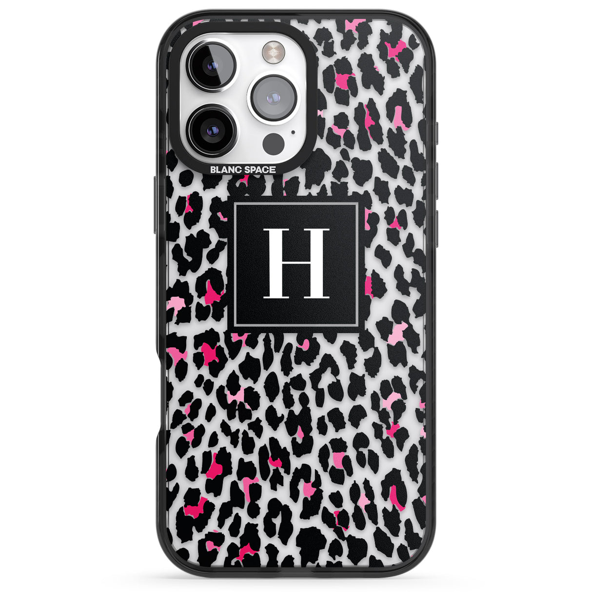 iPhone 16 Pro Max Personalised Pink Monogram Leopard Spots Black Impact Phone Case