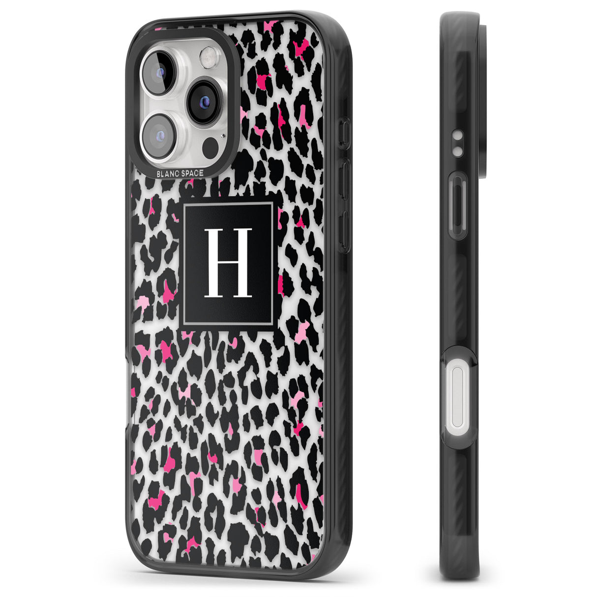 iPhone 16 Pro Max Personalised Pink Monogram Leopard Spots Black Impact Phone Case