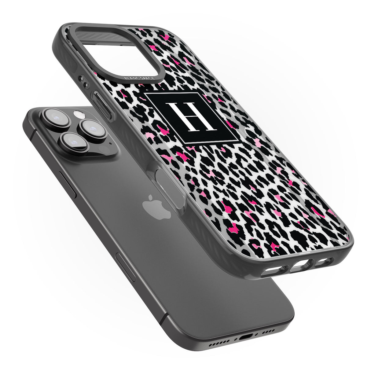 iPhone 16 Pro Max Personalised Pink Monogram Leopard Spots Black Impact Phone Case