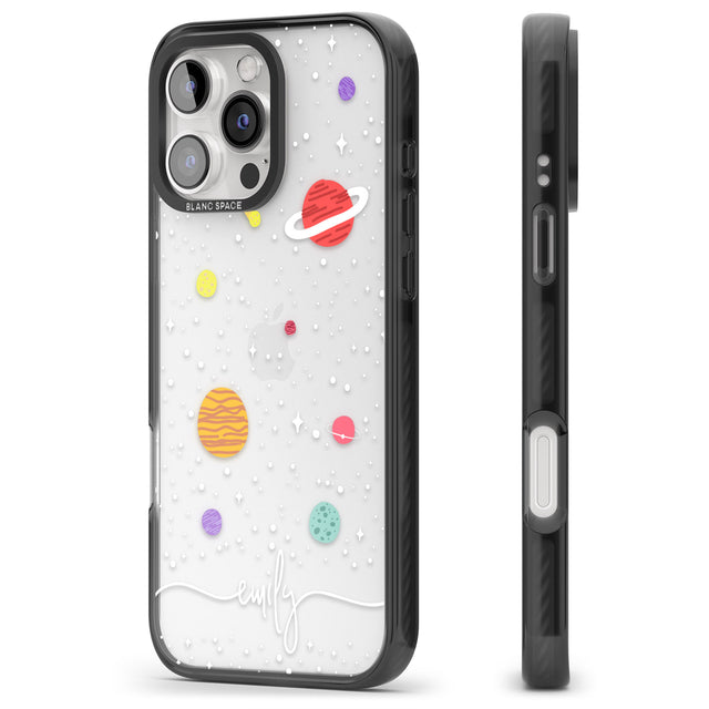 iPhone 16 Pro Max Personalised Cute Cartoon Planets (Clear) Black Impact Phone Case