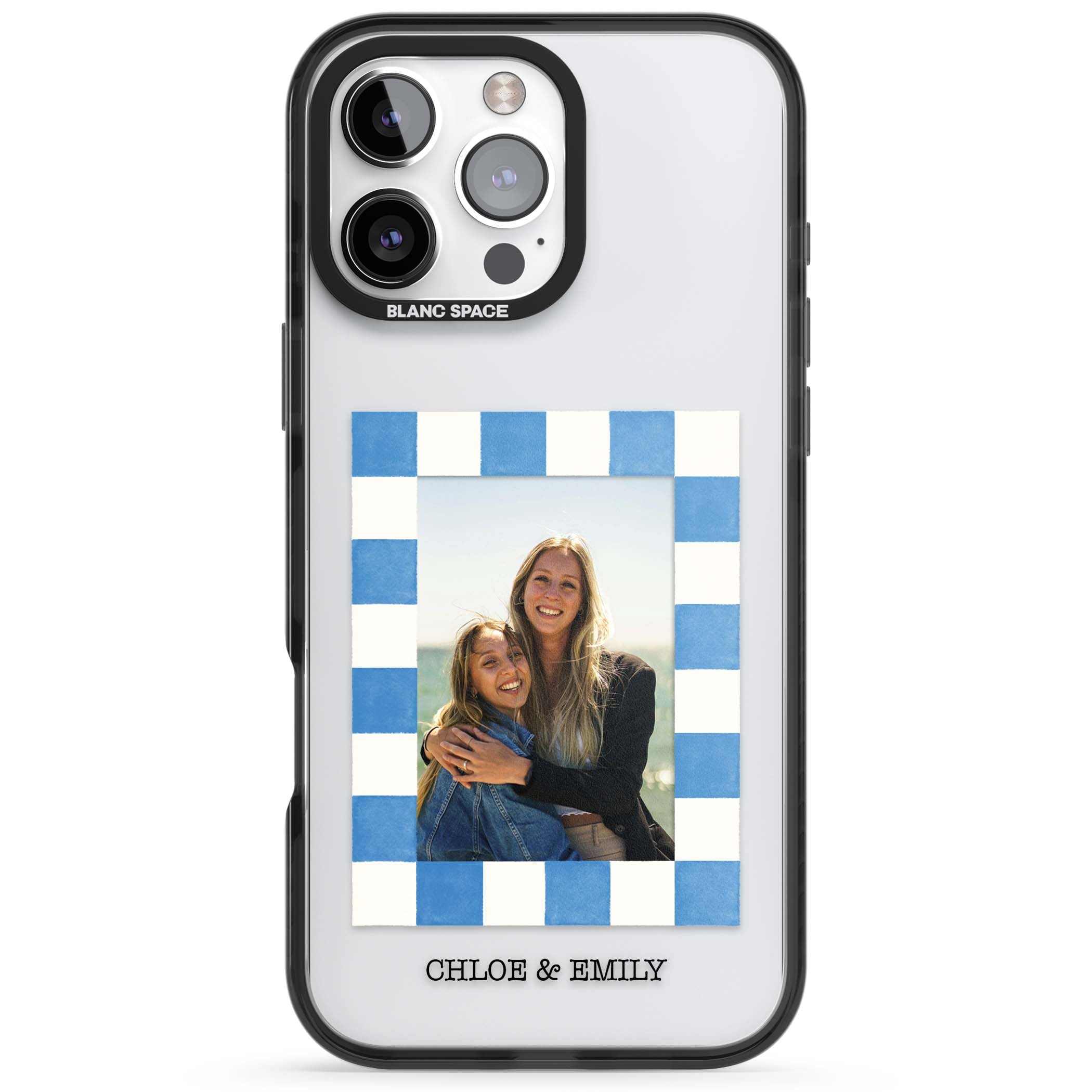 Blue Check Photo personalised photo iPhone case with blue checkered frame and custom couple names | Black Impact case for iPhone 16 Pro, iPhone 16 Pro Max