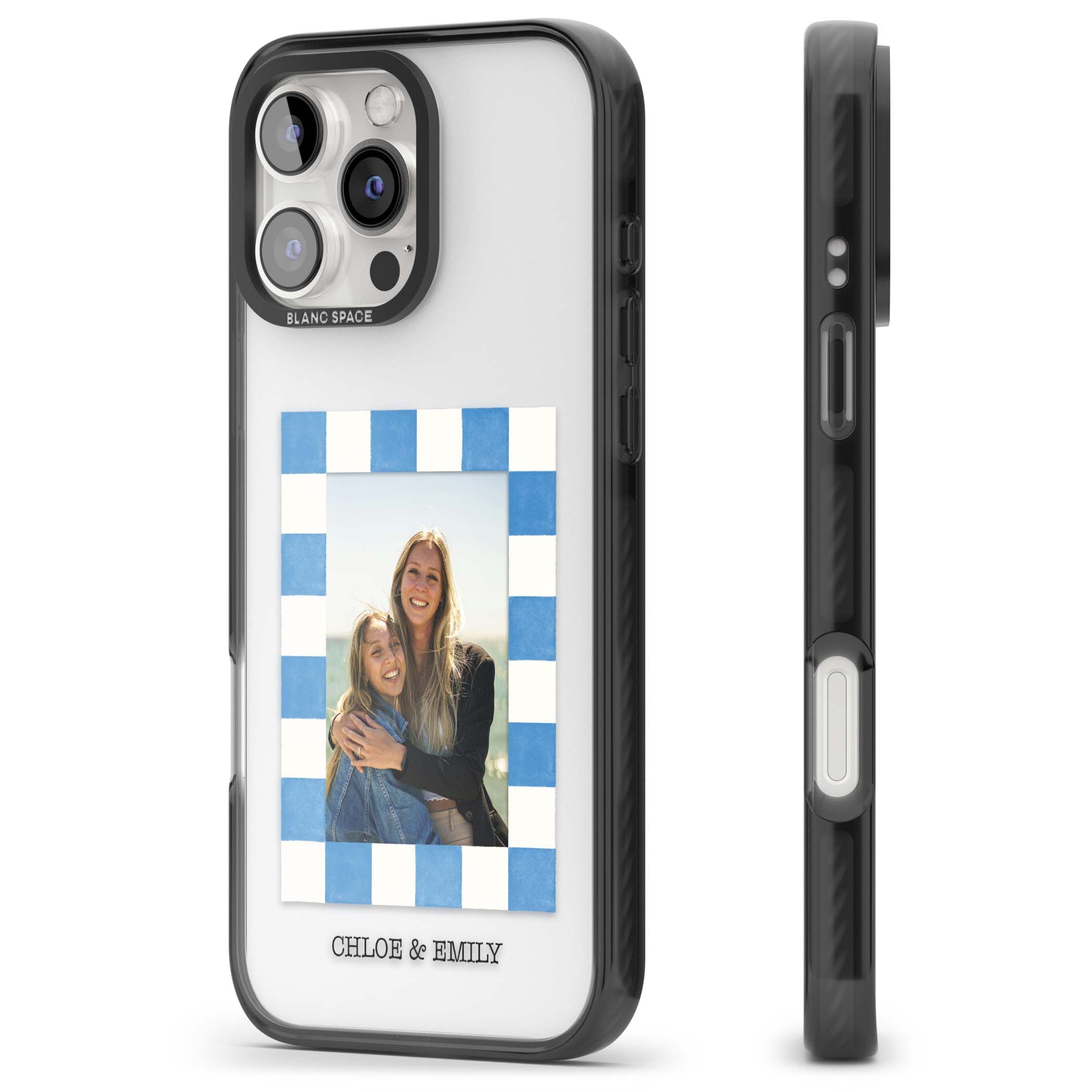 Blue Check Photo personalised photo iPhone case with blue checkered frame and custom couple names | Black Impact case for iPhone 16 Pro, iPhone 16 Pro Max