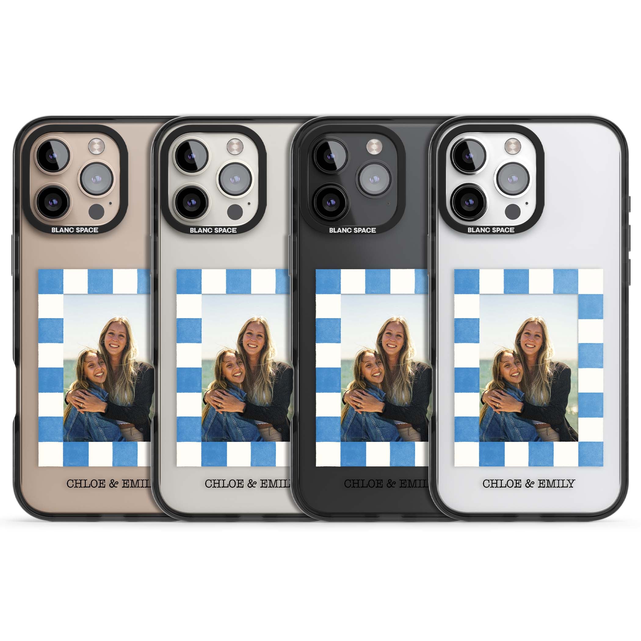 Blue Check Photo personalised photo iPhone case with blue checkered frame and custom couple names | Black Impact case for iPhone 16 Pro, iPhone 16 Pro Max