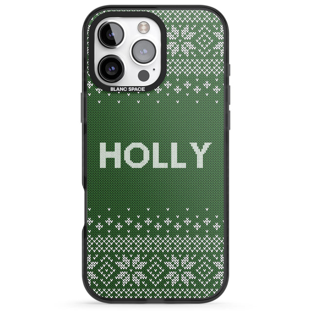 iPhone 16 Pro Max Personalised Green Christmas Knitted Jumper Black Impact Phone Case