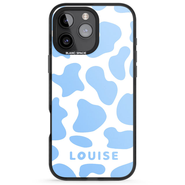 iPhone 16 Pro Max Personalised Blue and White Cow Print Black Impact Phone Case