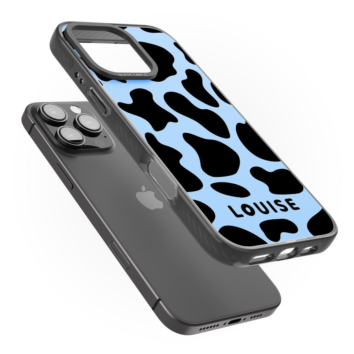 iPhone 16 Pro Max Personalised Blue and Black Cow Print Black Impact Phone Case