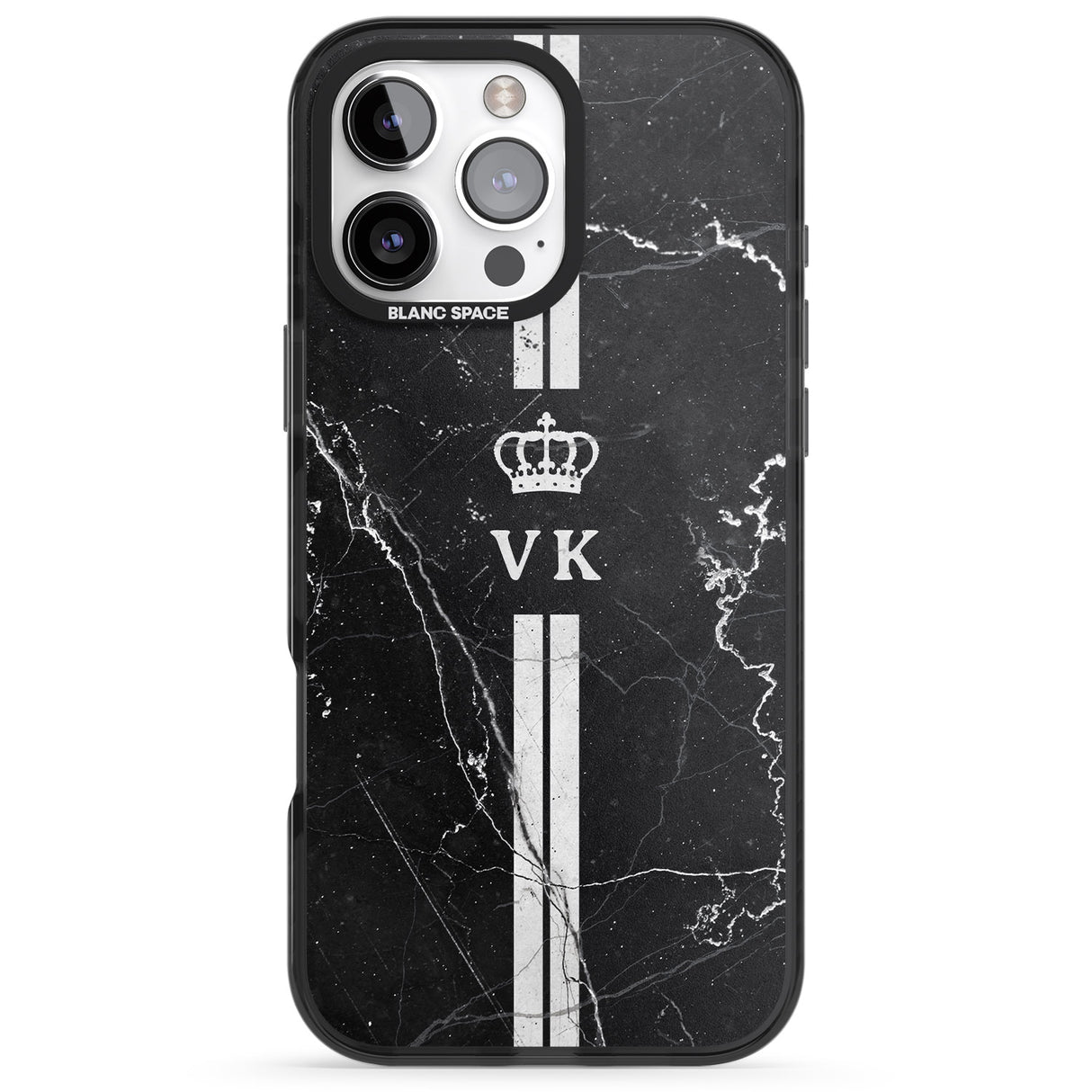 iPhone 16 Pro Max Personalised Stripes + Initials with Crown on Black Marble Black Impact Phone Case