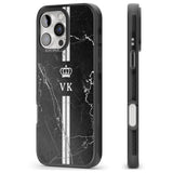 iPhone 16 Pro Max Personalised Stripes + Initials with Crown on Black Marble Black Impact Phone Case