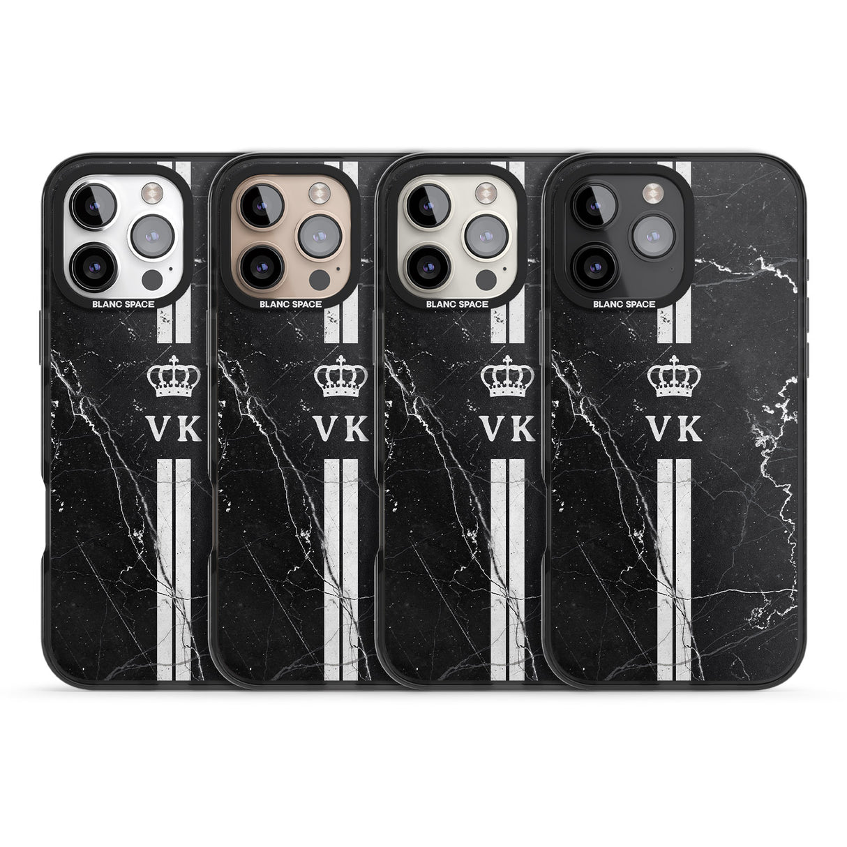 iPhone 16 Pro Max Personalised Stripes + Initials with Crown on Black Marble Black Impact Phone Case