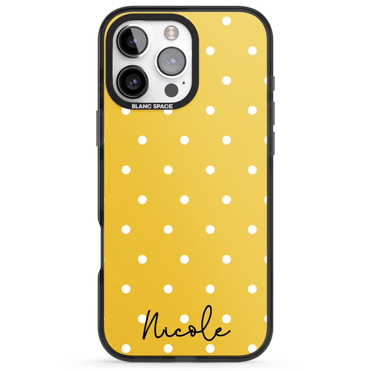 iPhone 16 Pro Max Personalised Yellow Polka Dot Black Impact Phone Case