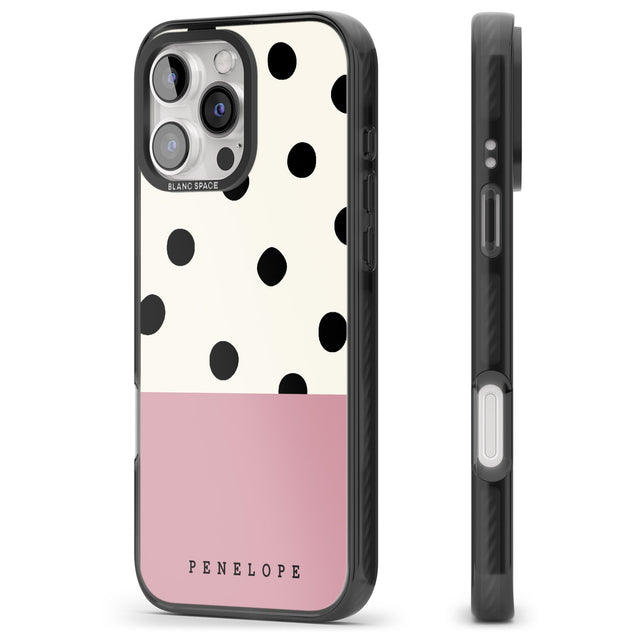 iPhone 16 Pro Max Personalised Pink Border Polka Dot Black Impact Phone Case