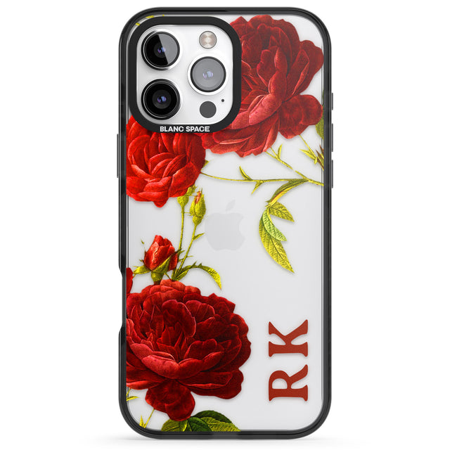 iPhone 16 Pro Max Personalised Clear Vintage Floral Red Roses Black Impact Phone Case