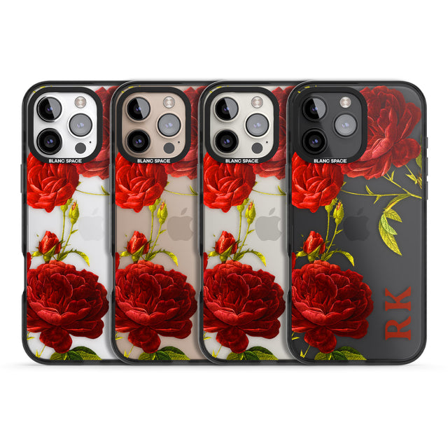 iPhone 16 Pro Max Personalised Clear Vintage Floral Red Roses Black Impact Phone Case