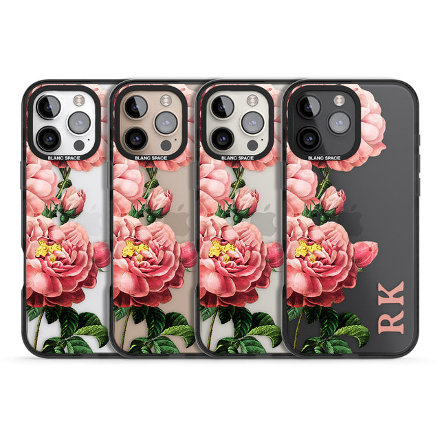 iPhone 16 Pro Max Personalised Clear Vintage Floral Pink Peonies Black Impact Phone Case