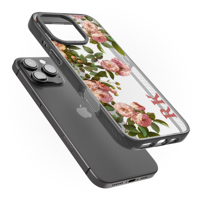 iPhone 16 Pro Max Personalised Clear Vintage Floral Pink Garden Roses Black Impact Phone Case