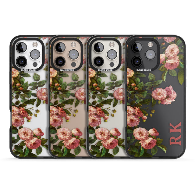 iPhone 16 Pro Max Personalised Clear Vintage Floral Pink Garden Roses Black Impact Phone Case