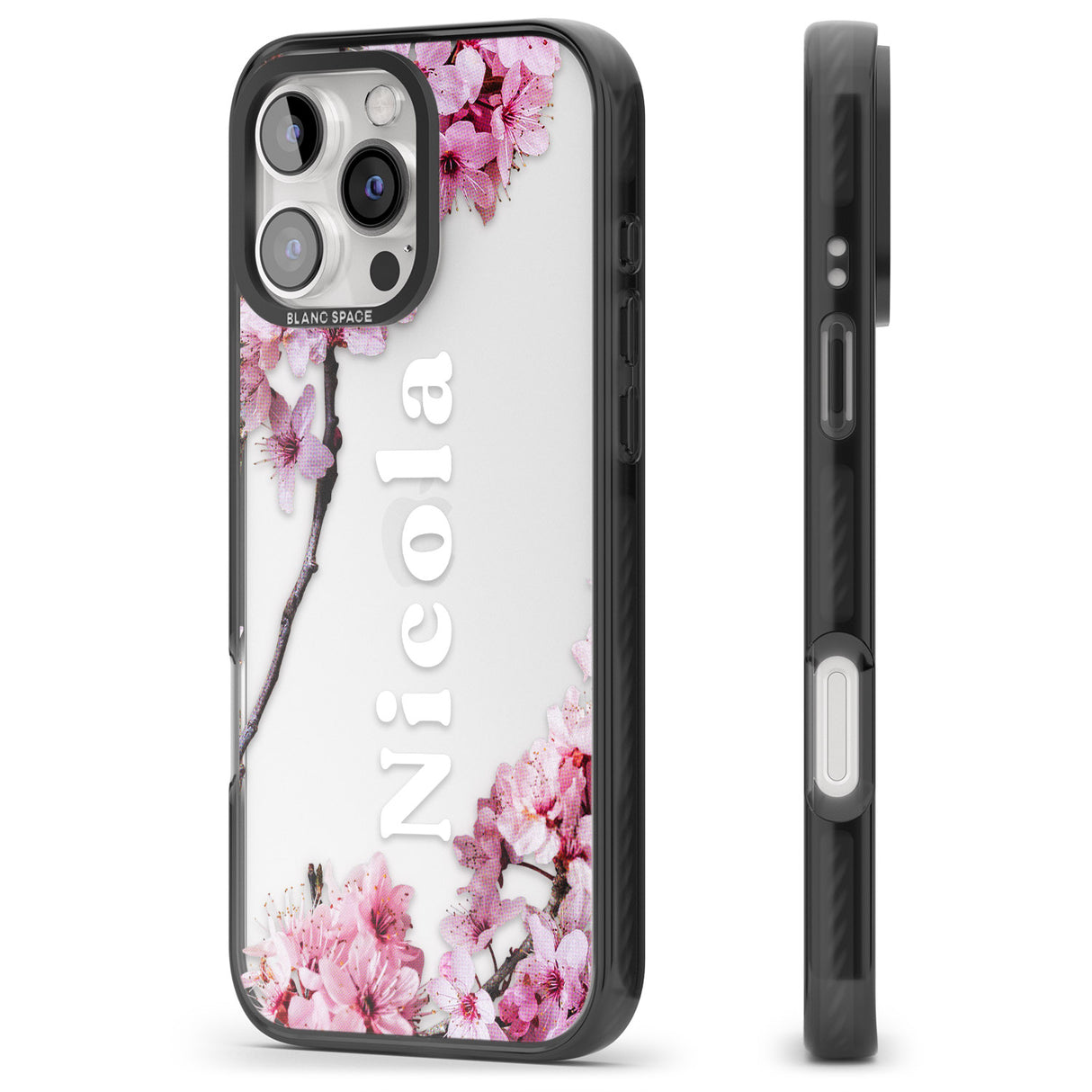 iPhone 16 Pro Max Personalised Cherry Blossoms with Text Black Impact Phone Case