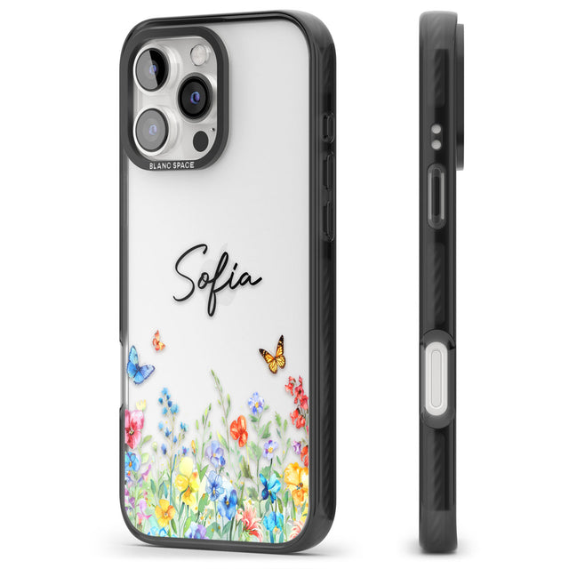 Personalised Buterflies & Wildflowers Black Impact Phone Case for iPhone 16 Pro, iPhone 16 Pro Max