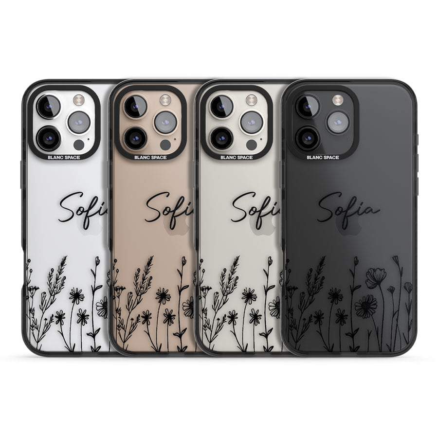 Personalised Black Wildflowers Black Impact Phone Case for iPhone 16 Pro, iPhone 16 Pro Max