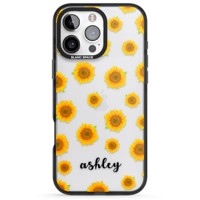 iPhone 16 Pro Max Personalised Sunflowers & Cursive Black Impact Phone Case