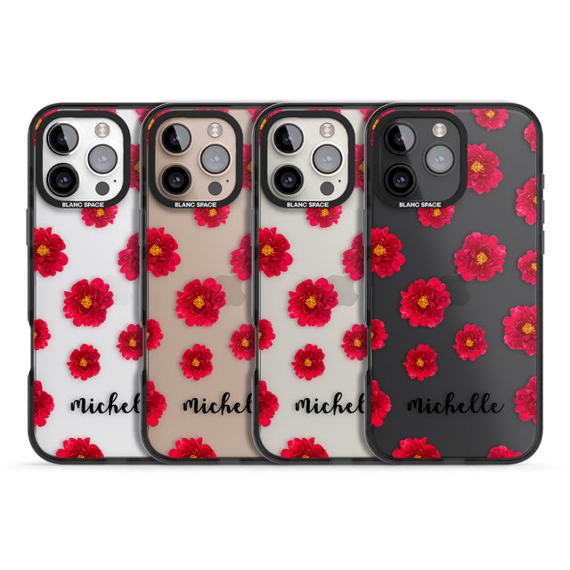 iPhone 16 Pro Max Personalised Red Peonies & Cursive Black Impact Phone Case