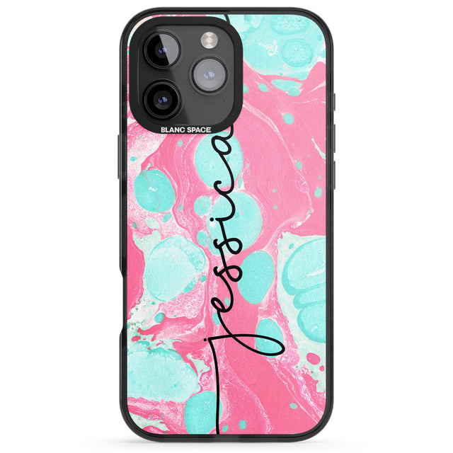 iPhone 16 Pro Max Personalised Turquoise & Pink - Marbled Black Impact Phone Case