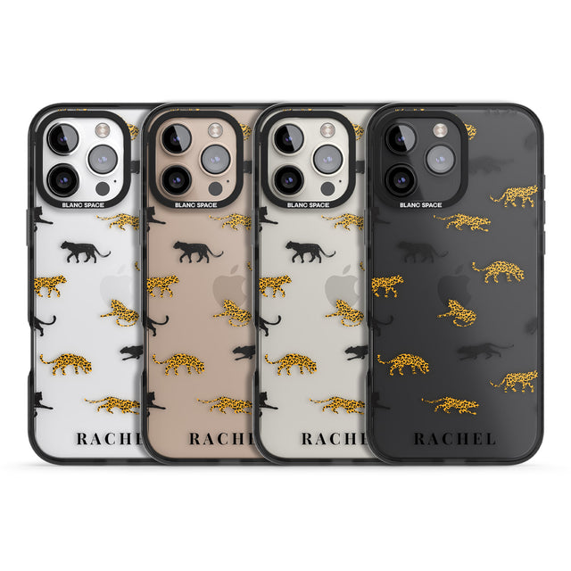 iPhone 16 Pro Max Personalised Jaguar Pattern on Transparent Black Impact Phone Case