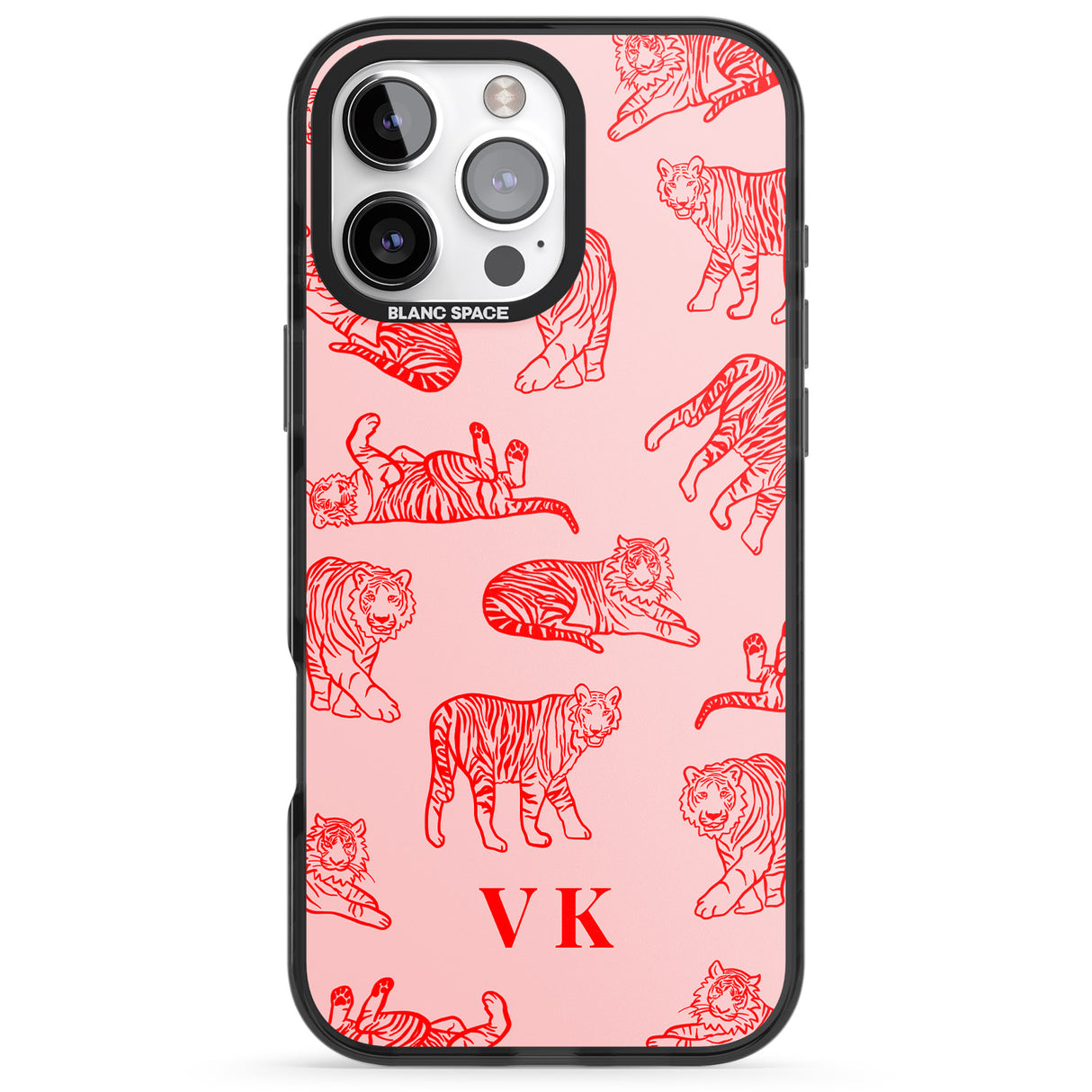 iPhone 16 Pro Max Personalised Red Tiger Outlines on Pink Black Impact Phone Case