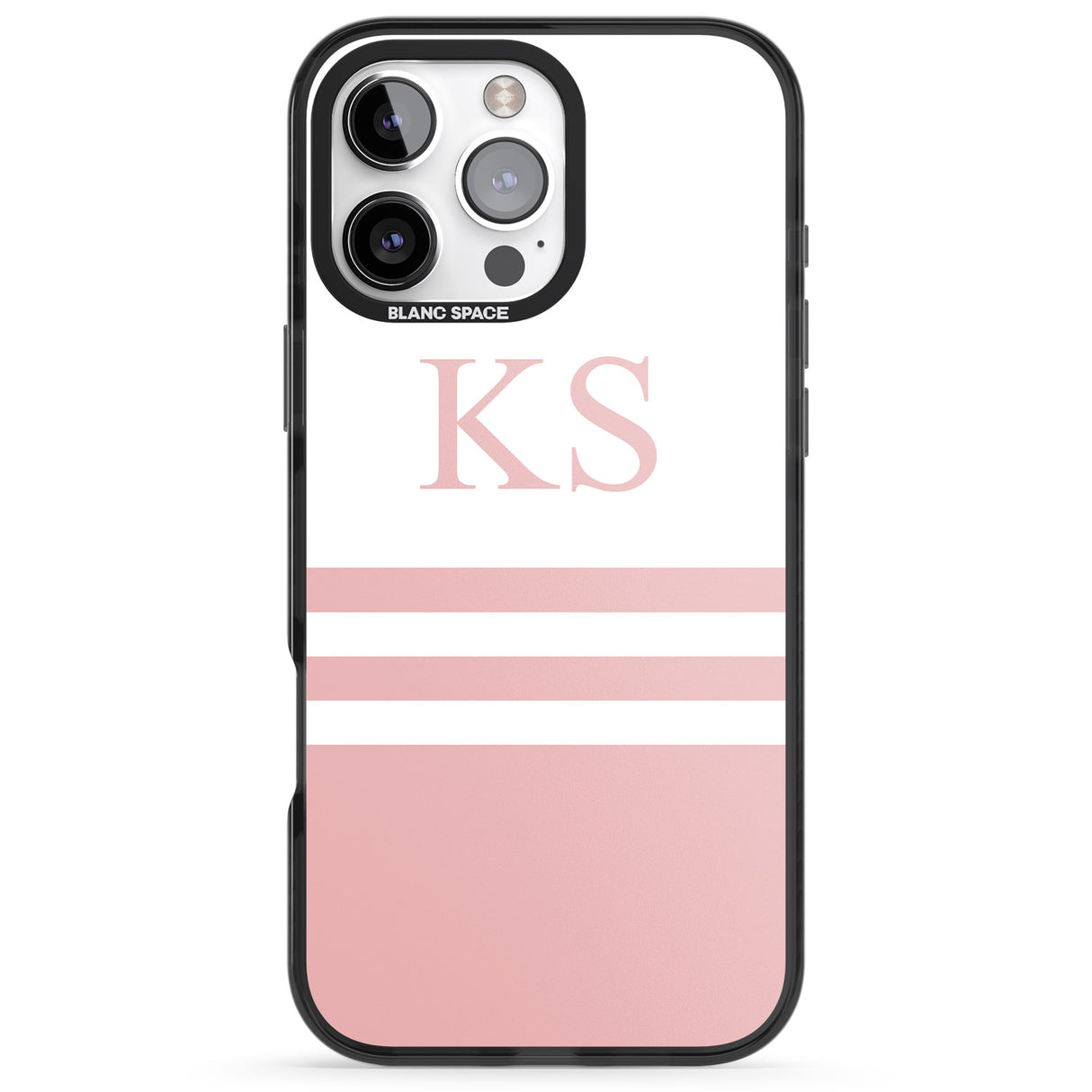 iPhone 16 Pro Max Personalised Minimal Pink Stripes & Initials Black Impact Phone Case