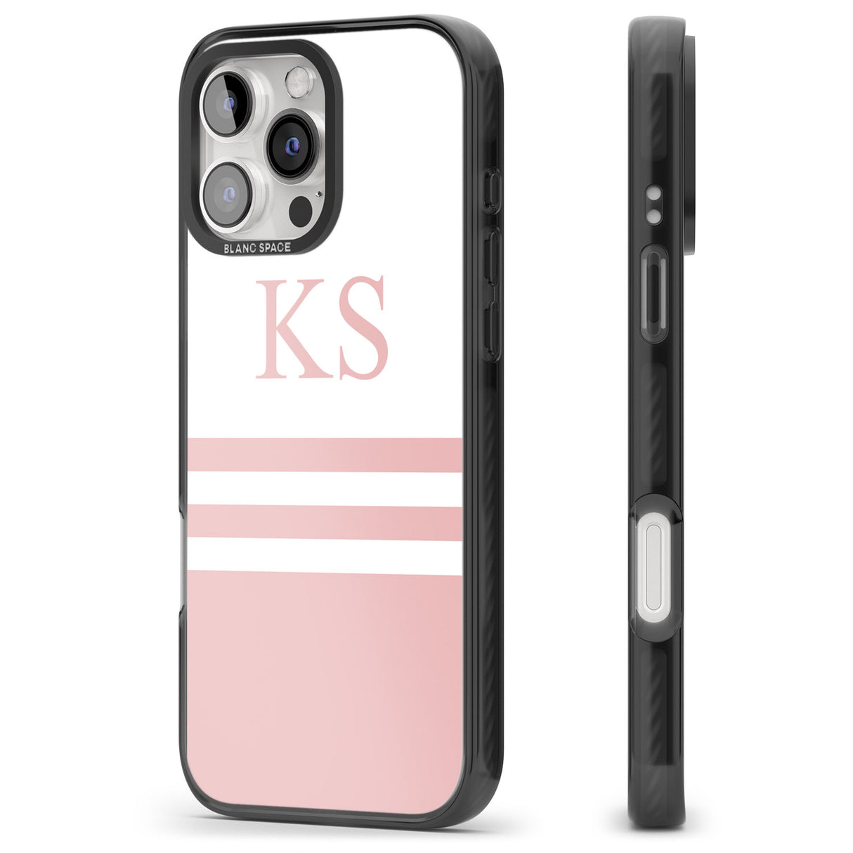 iPhone 16 Pro Max Personalised Minimal Pink Stripes & Initials Black Impact Phone Case