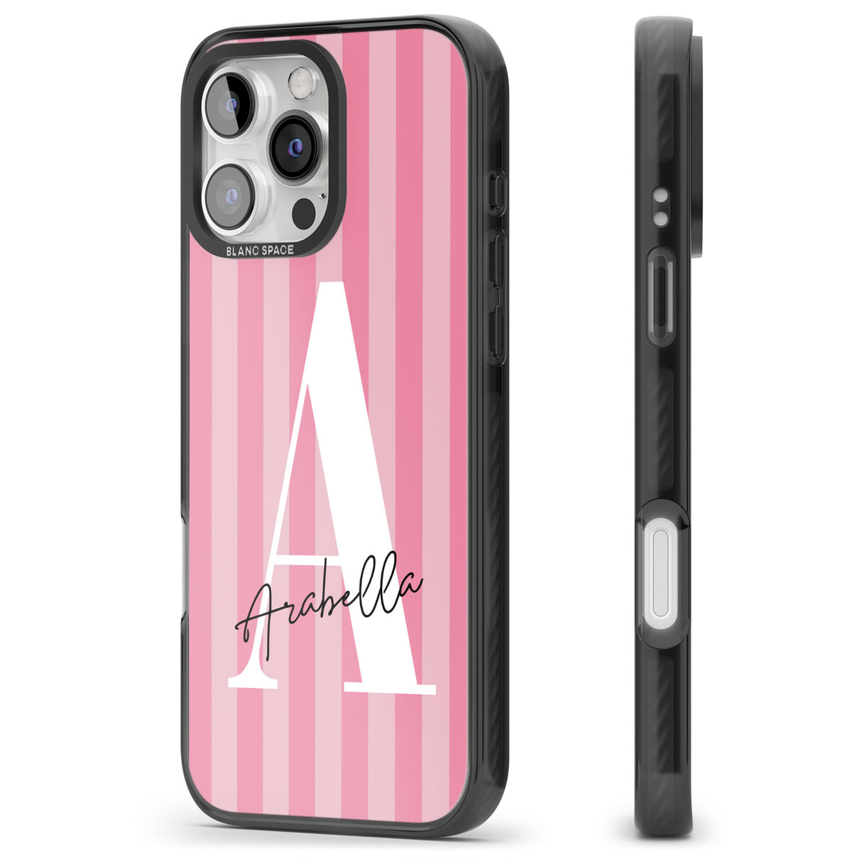 iPhone 16 Pro Max Personalised Pink on Pink Stripes Black Impact Phone Case