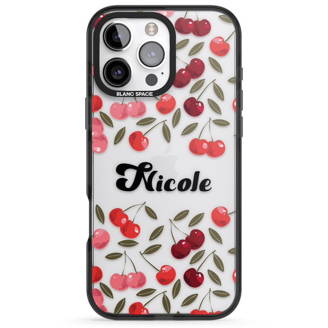 iPhone 16 Pro Max Personalised Cherry Pattern Black Impact Phone Case + Magsafe