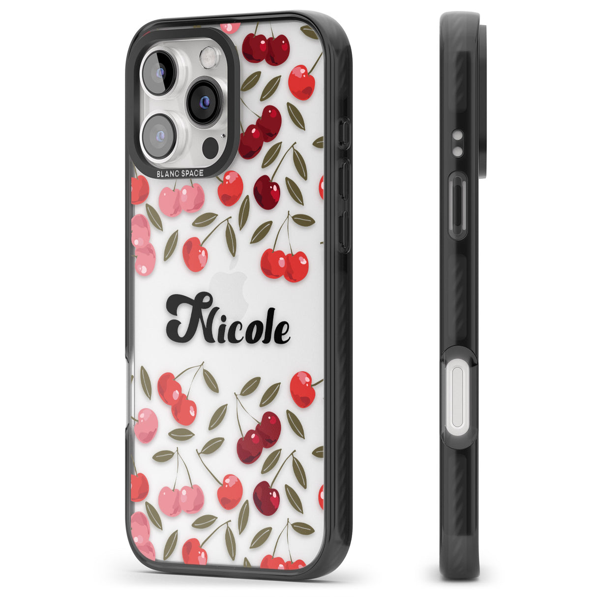 iPhone 16 Pro Max Personalised Cherry Pattern Black Impact Phone Case + Magsafe