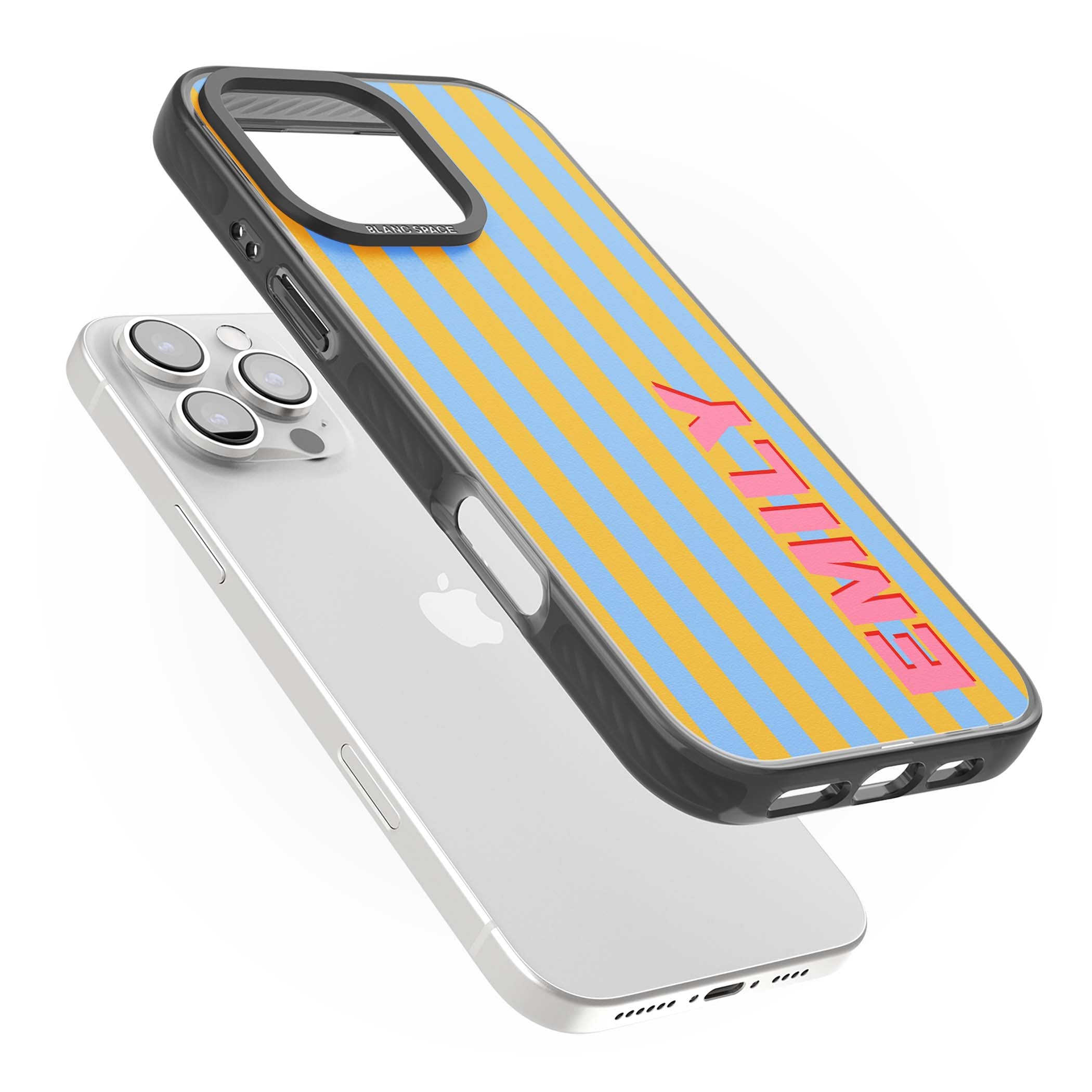 Carribean Stripe personalised coastal iPhone case with yellow and blue vertical stripes and a custom pink name | Black Impact case for iPhone 16 Pro, iPhone 16 Pro Max
