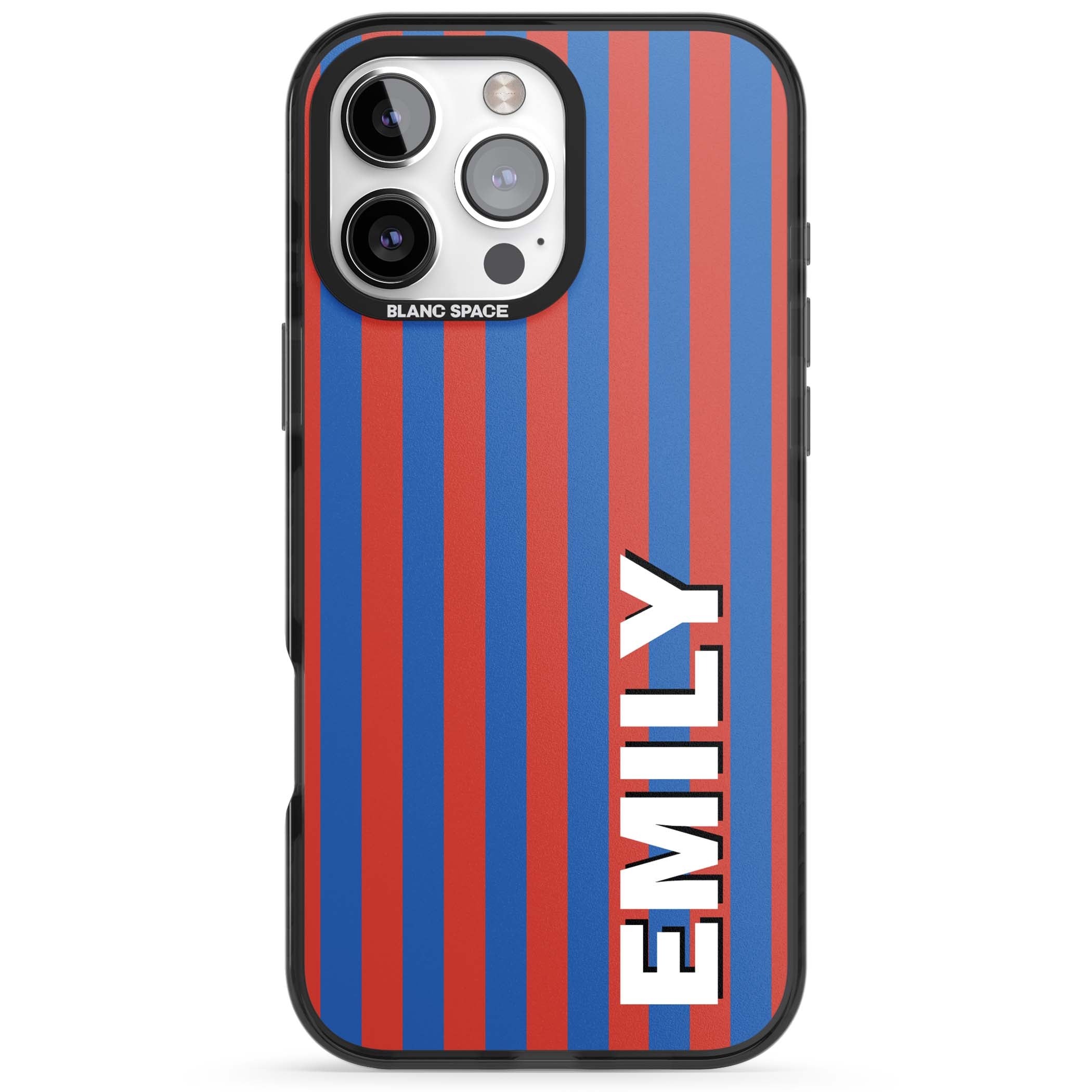 Cuban Stripe personalised iPhone case featuring red and blue vertical stripes with custom name in bold white letters | Black Impact case for iPhone 16 Pro, iPhone 16 Pro Max