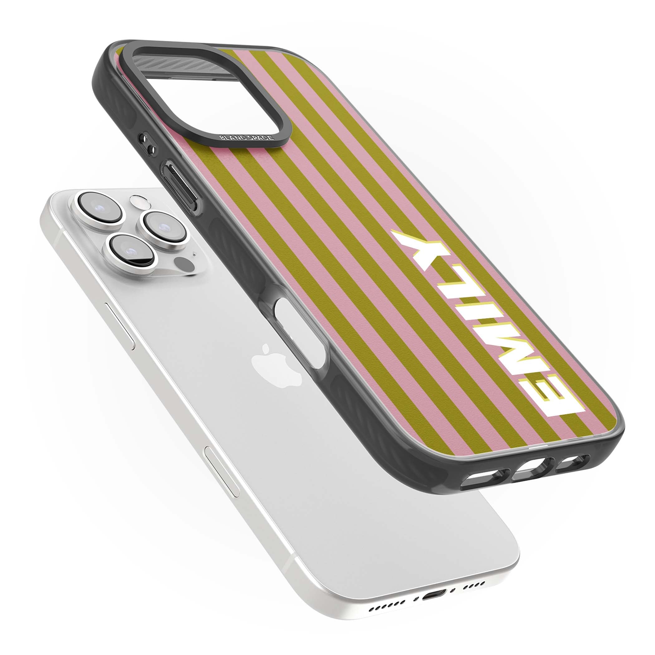 Istanbul Stripe personalised iPhone case featuring pink and olive green vertical stripes with a custom vertical name | Black Impact case for iPhone 16 Pro, iPhone 16 Pro Max