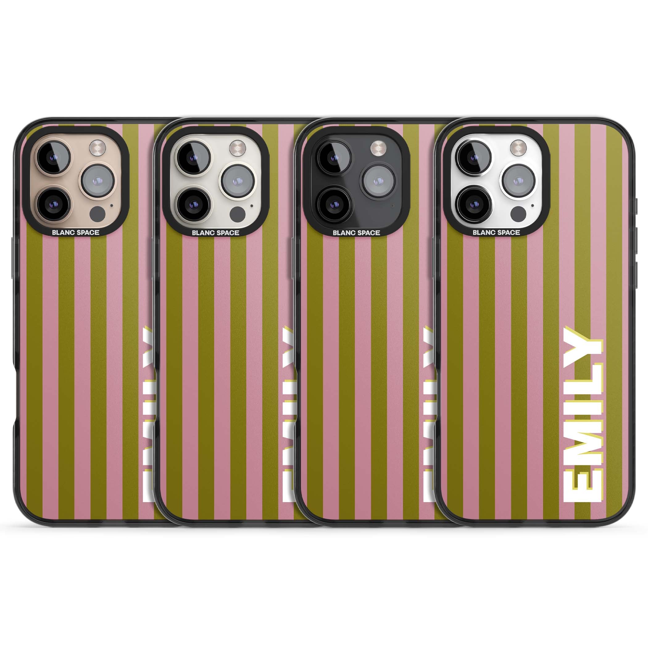 Istanbul Stripe personalised iPhone case featuring pink and olive green vertical stripes with a custom vertical name | Black Impact case for iPhone 16 Pro, iPhone 16 Pro Max
