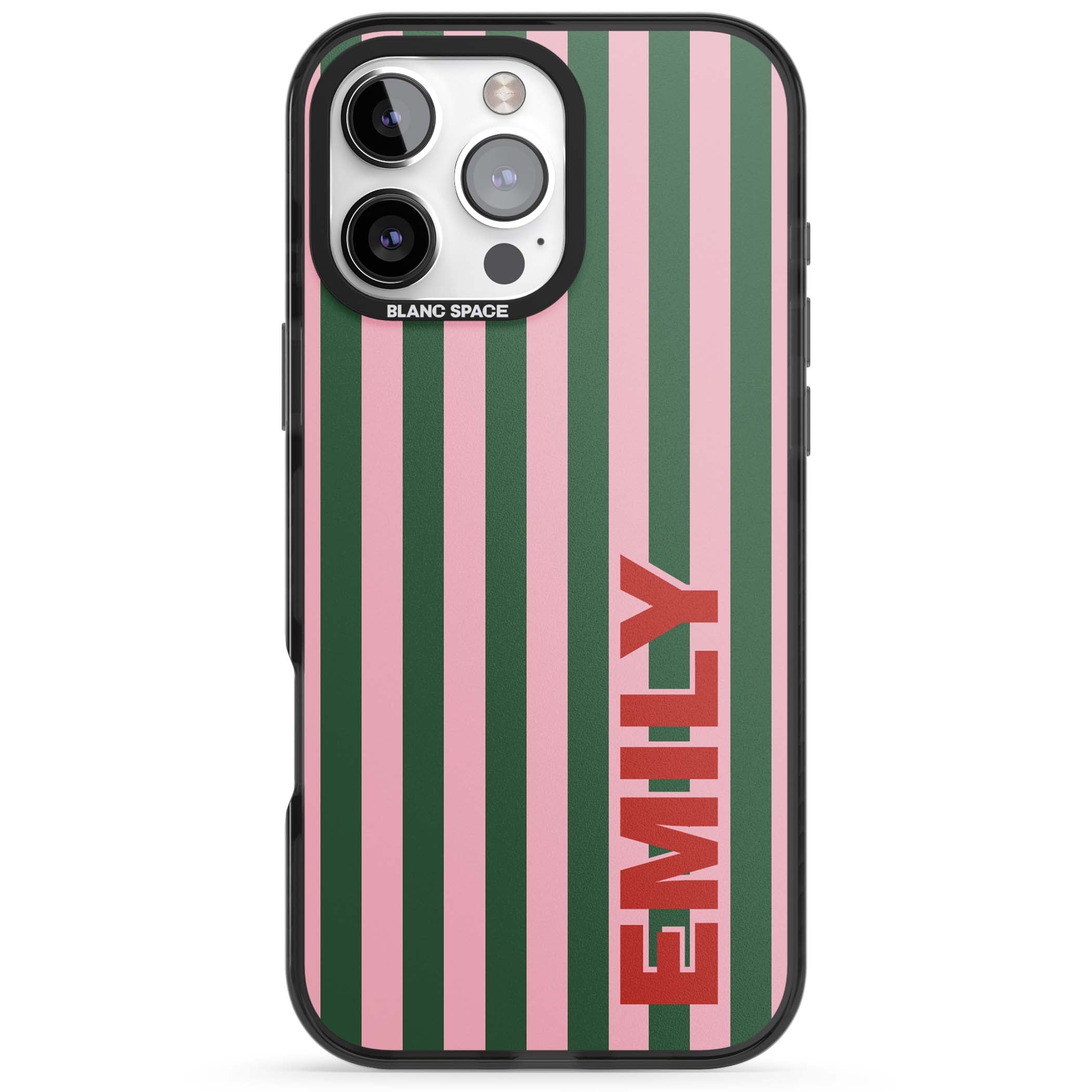 Italian Stripe preppy iPhone case featuring pink and green vertical stripes with personalised red name | Black Impact case for iPhone 16 Pro, iPhone 16 Pro Max