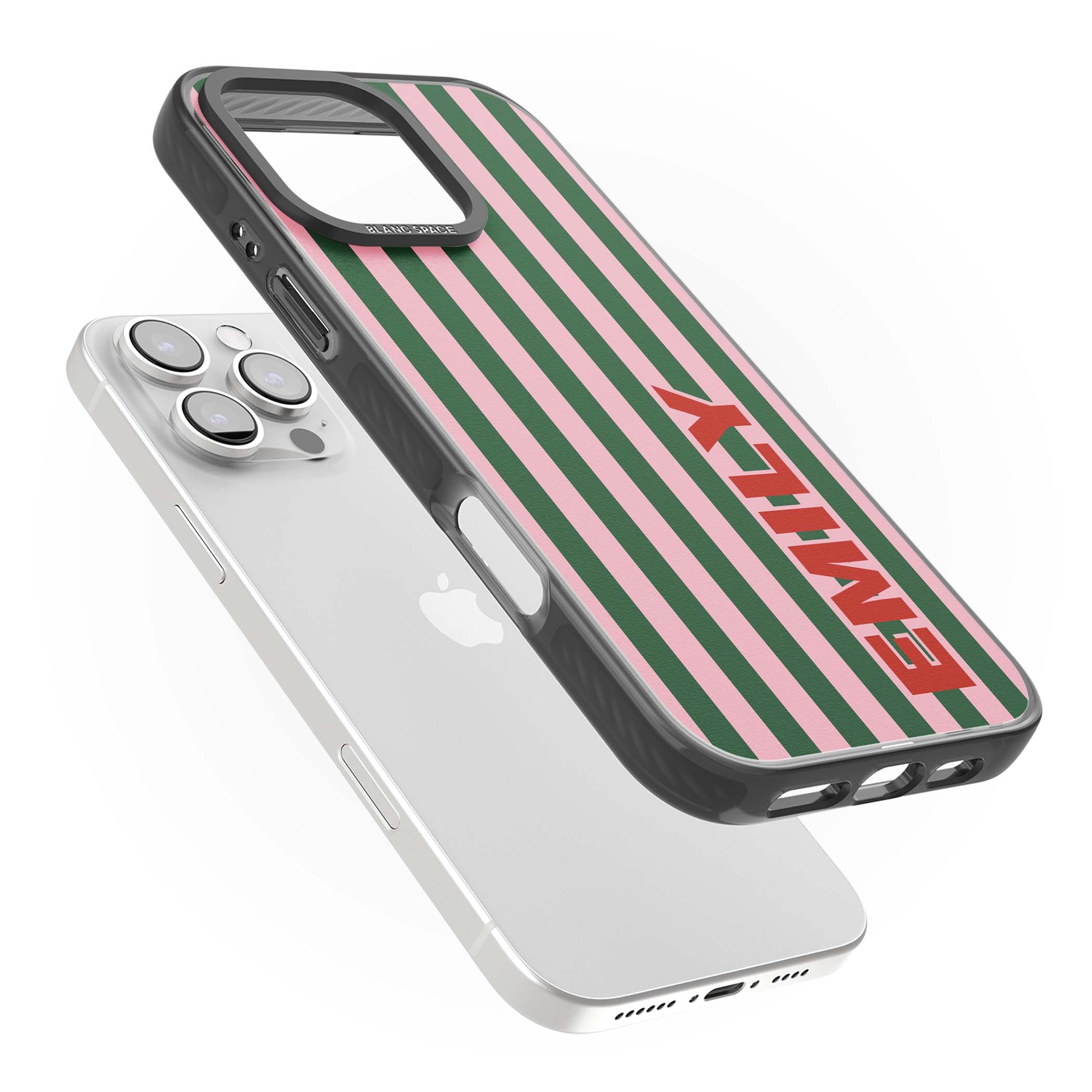 Italian Stripe preppy iPhone case featuring pink and green vertical stripes with personalised red name | Black Impact case for iPhone 16 Pro, iPhone 16 Pro Max
