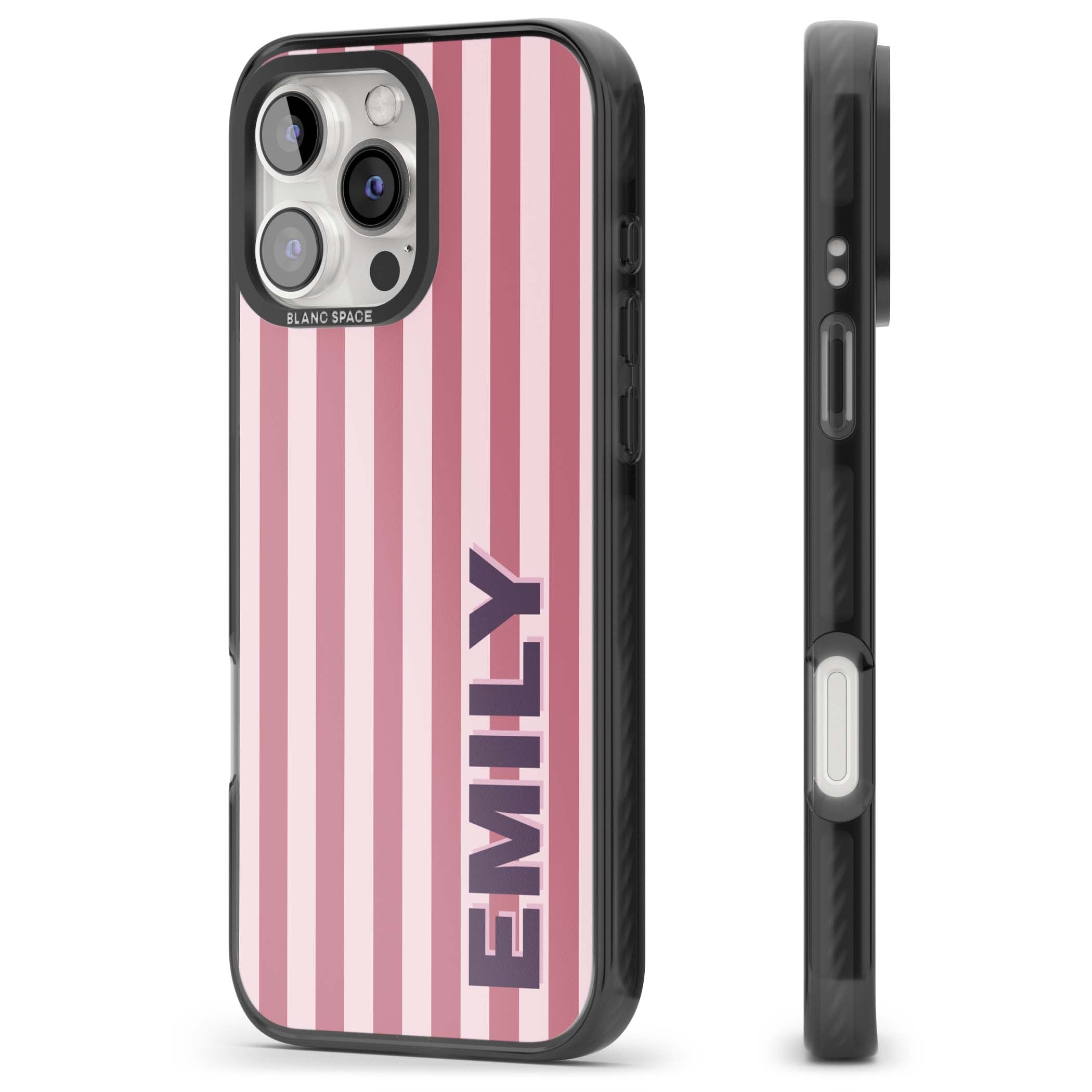 Victoria Stripe personalised iPhone case featuring pink vertical stripes and custom name in bold plum lettering | Black Impact case for iPhone 16 Pro, iPhone 16 Pro Max