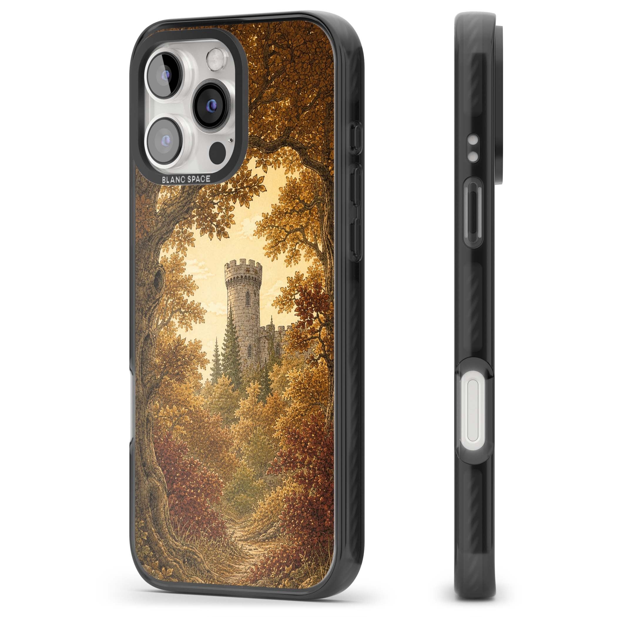Autumn Keep cottagecore iPhone case featuring a medieval castle tower framed by golden autumn trees and woodland foliage | Black Impact case for iPhone 16 Pro, iPhone 16 Pro Max